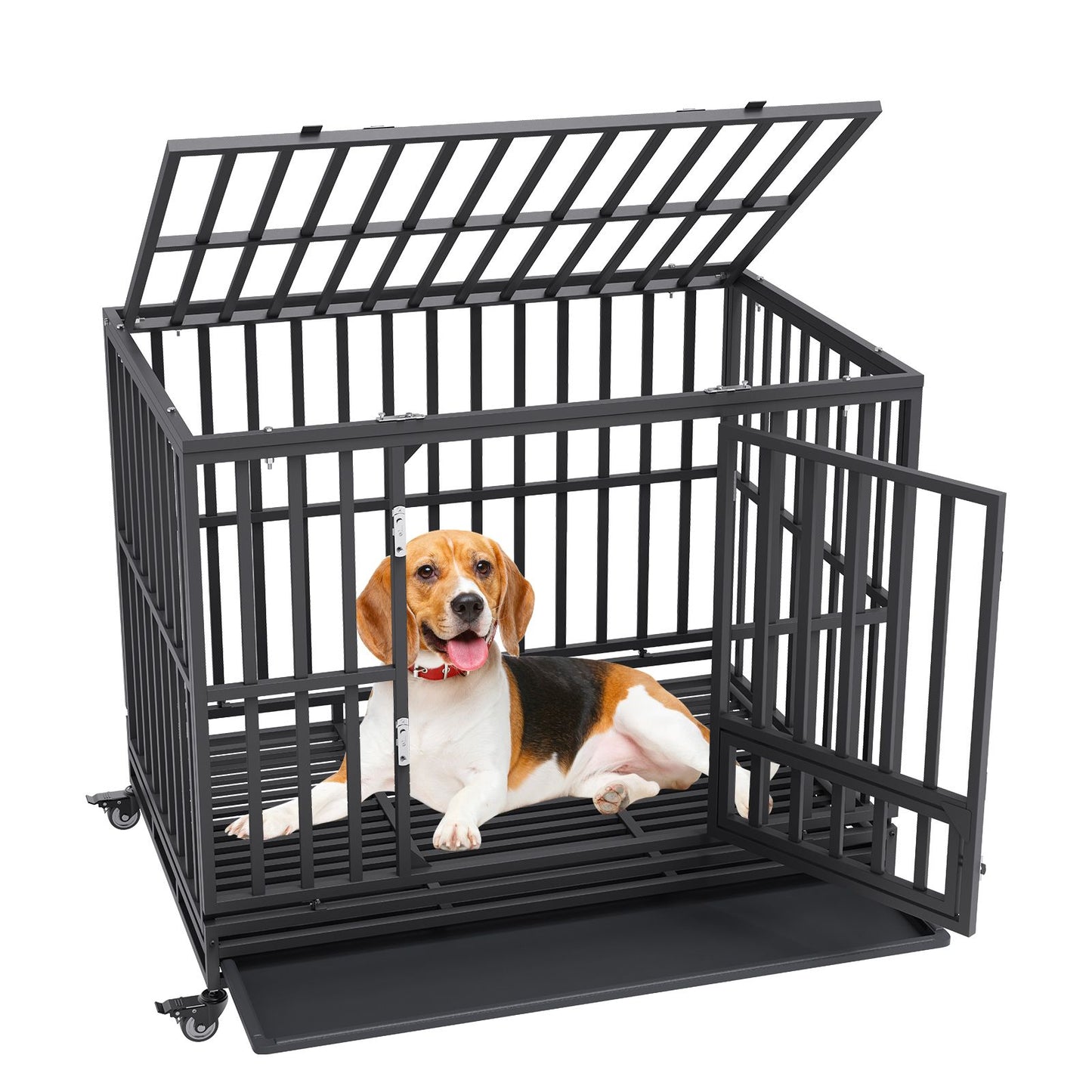 VEVOR 47 Inch Heavy Duty Dog Crate, Indestructible Dog Crate, 3-Door Heavy Duty Dog Kennel for Medium to Large Dogs with Lockable Wheels and Removable Tray, High Anxiety Dog Crate for Indoor & Outdoor