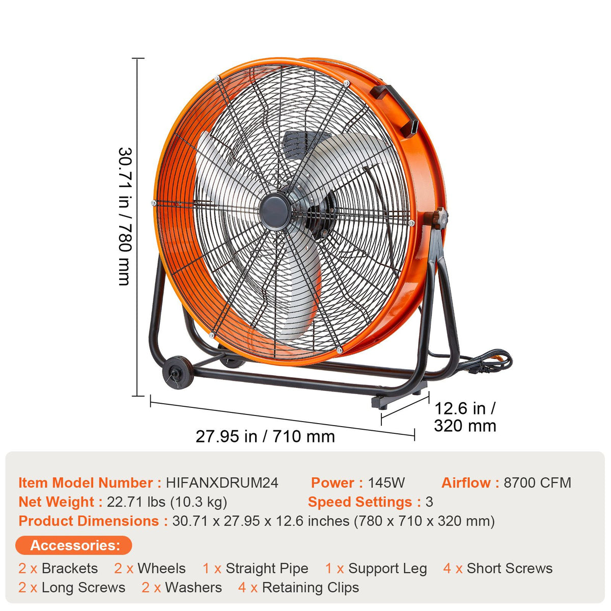 VEVOR Drum Fan 24 Inch High Velocity Industrial Use 3-Speed 8600CFM for Warehouse