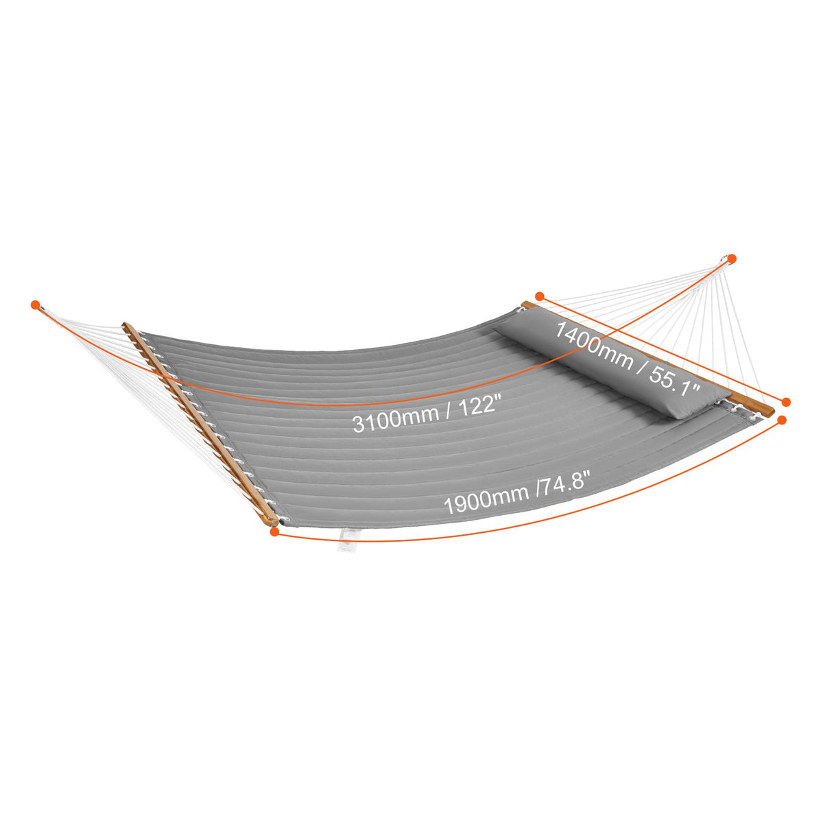 VEVOR Double Quilted Fabric Hammock, 12 FT Double Hammock with Hardwood Spreader Bars, 2 Person Quilted Hammock with Detachable Pillow and Chains for Camping Outdoor Patio Yard Beach, 480 lbs Capacity