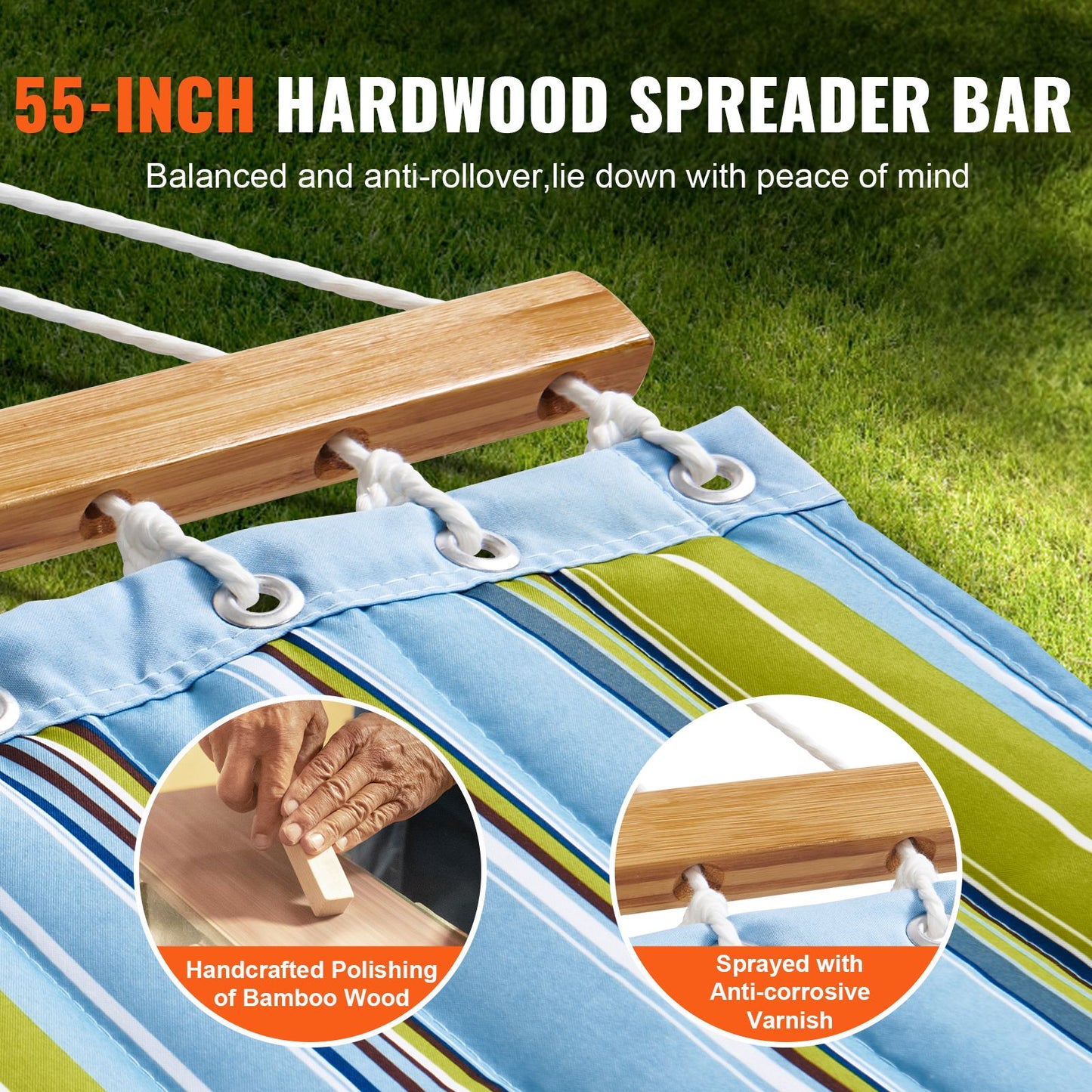 VEVOR Double Quilted Fabric Hammock, 12 FT Double Hammock with Hardwood Spreader Bars, 2 Person Quilted Hammock with Detachable Pillow and Chains for Camping Outdoor Patio Yard Beach, 480 lbs Capacity