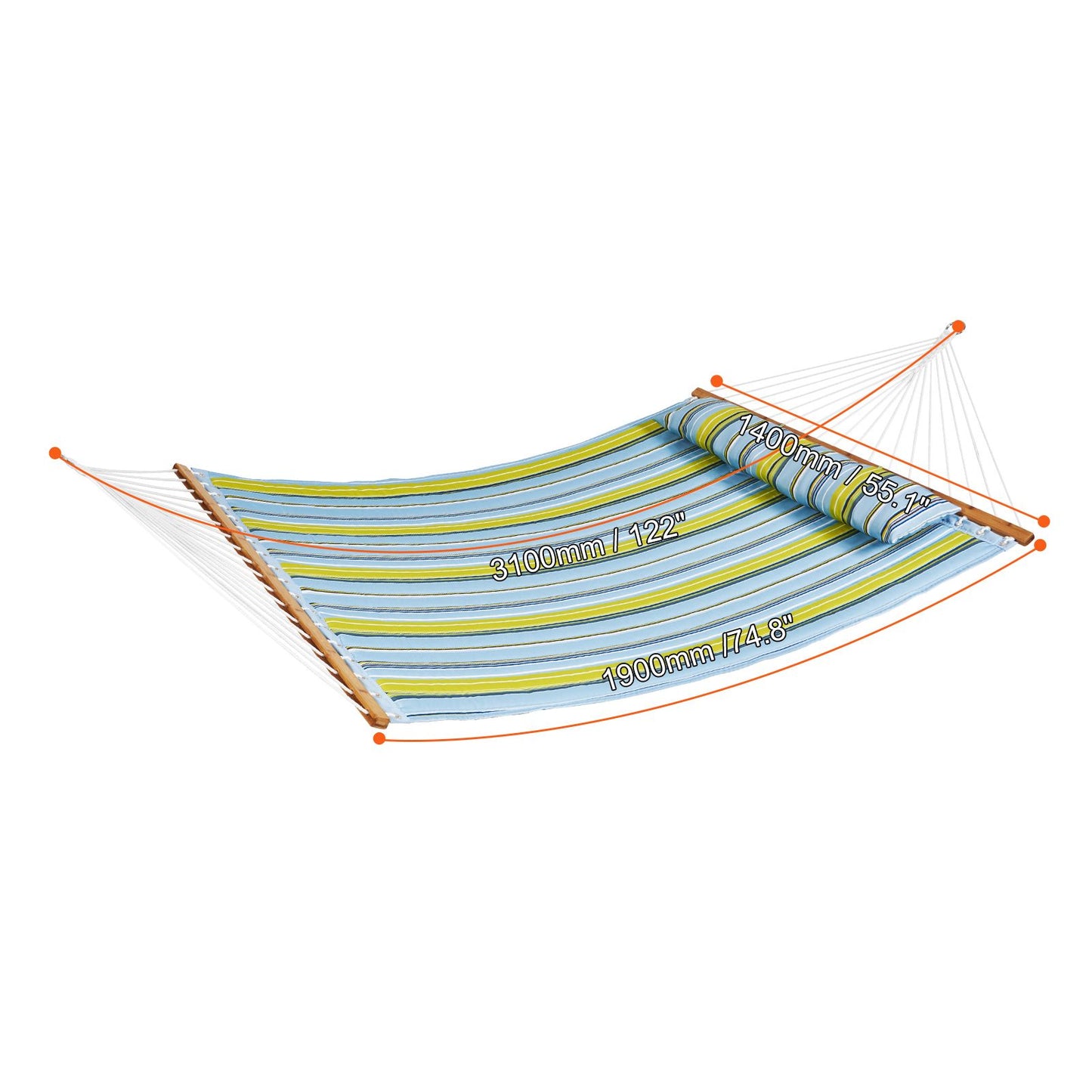 VEVOR Double Quilted Fabric Hammock, 12 FT Double Hammock with Hardwood Spreader Bars, 2 Person Quilted Hammock with Detachable Pillow and Chains for Camping Outdoor Patio Yard Beach, 480 lbs Capacity