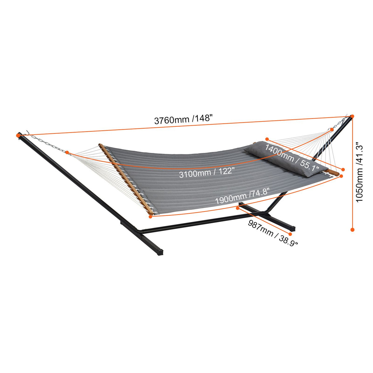 VEVOR Double Quilted Fabric Hammock Two Person Hammock with Stand 480lb Capacity