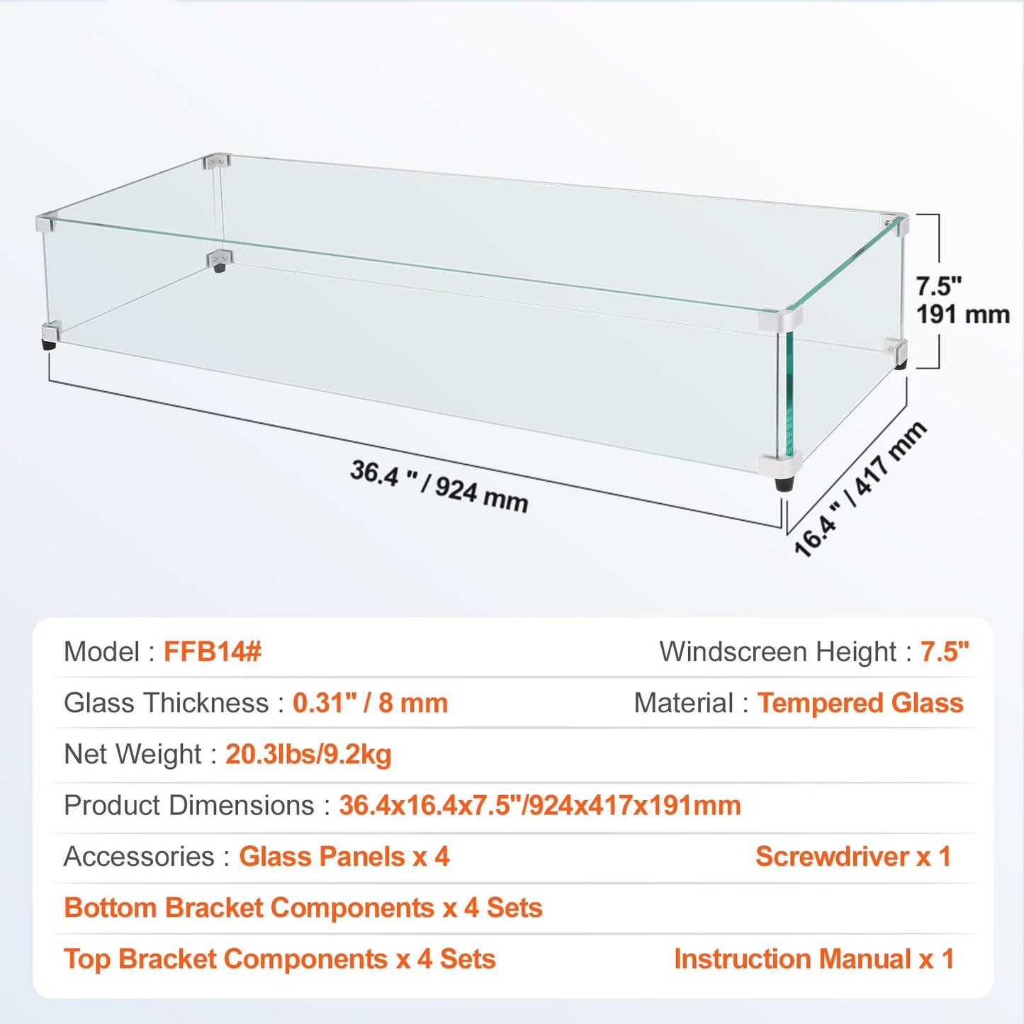 VEVOR Glass Wind Guard for Rectangular Fire Pit Table 924 x 417 x 191 mm, 8mm Thick and Sturdy Tempered Glass Panel with Hard Aluminum Corner Bracket & Rubber Feet, Easy to Assemble