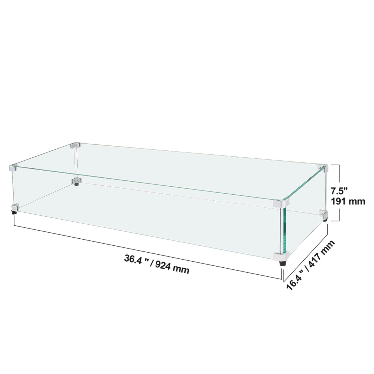 VEVOR Glass Wind Guard for Rectangular Fire Pit Table 924 x 417 x 191 mm, 8mm Thick and Sturdy Tempered Glass Panel with Hard Aluminum Corner Bracket & Rubber Feet, Easy to Assemble