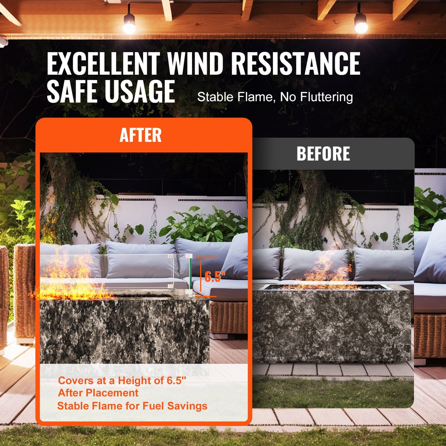 VEVOR Gas Fire Pit Wind Guard for Square Fire Table, 595 x 190 x 165 mm Clear Tempered Wind Guard for Firepits, 8mm Thick Square Glass Shield, Glass Panel with Hard Corner Bracket & Feet