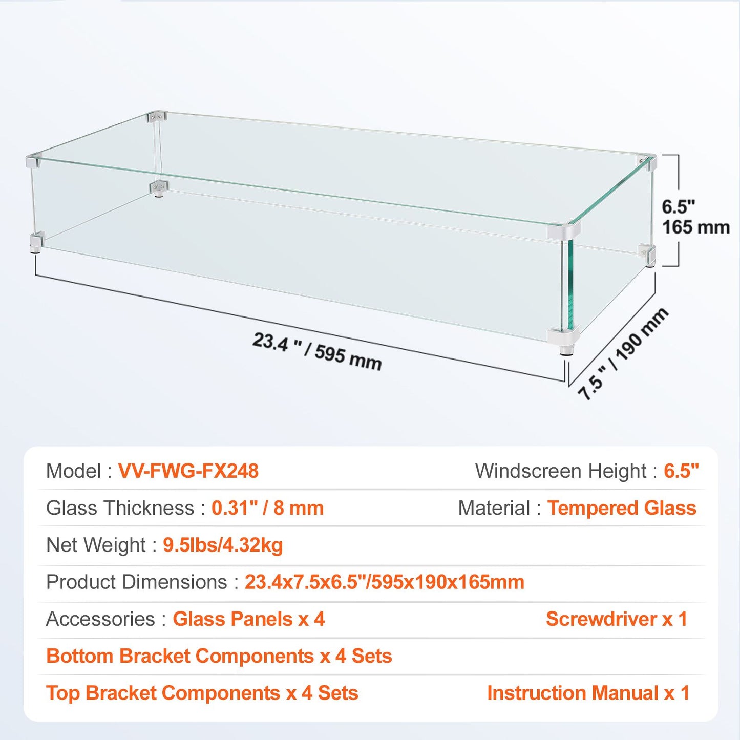 VEVOR Gas Fire Pit Wind Guard for Square Fire Table, 595 x 190 x 165 mm Clear Tempered Wind Guard for Firepits, 8mm Thick Square Glass Shield, Glass Panel with Hard Corner Bracket & Feet
