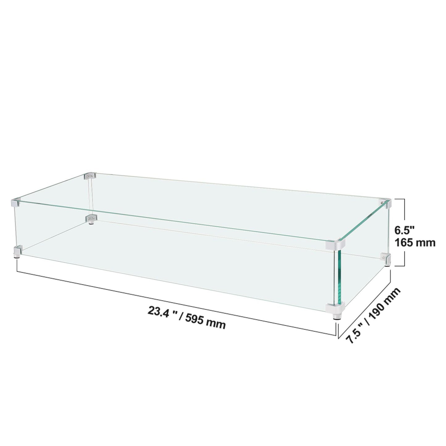 VEVOR Gas Fire Pit Wind Guard for Square Fire Table, 595 x 190 x 165 mm Clear Tempered Wind Guard for Firepits, 8mm Thick Square Glass Shield, Glass Panel with Hard Corner Bracket & Feet