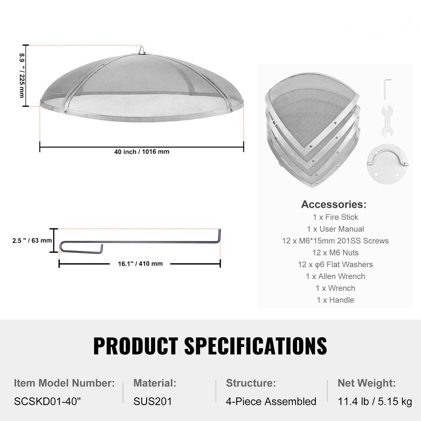 VEVOR Fire Pit Spark Screen Round 40", Reinforced Heavy Duty Steel Metal Cover, Outdoor Firepit Lid, Easy-Opening Top Screen Covers Round with Ring Handle for Outdoor Patio Fire Pits Backyard