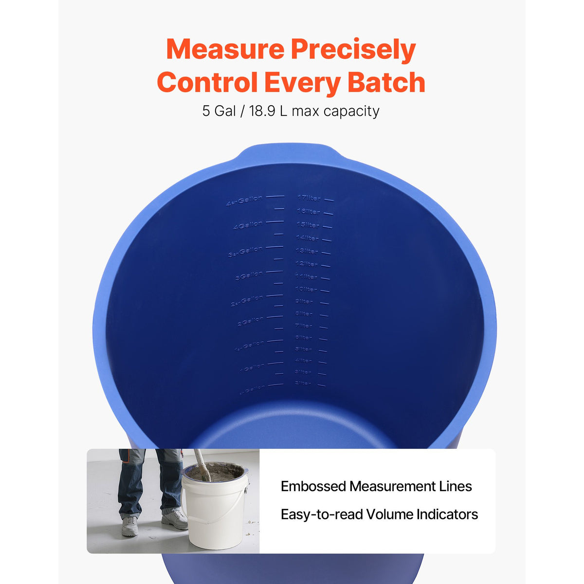 VEVOR 18.9L Bucket Liner for Concrete Mix, Reusable Silicone Mortar Bucket Liner for Thinset Paint Concrete Epoxy Mixing, Heavy-duty Grout Mixer Insert Tool with Graduated Measurements, Blue