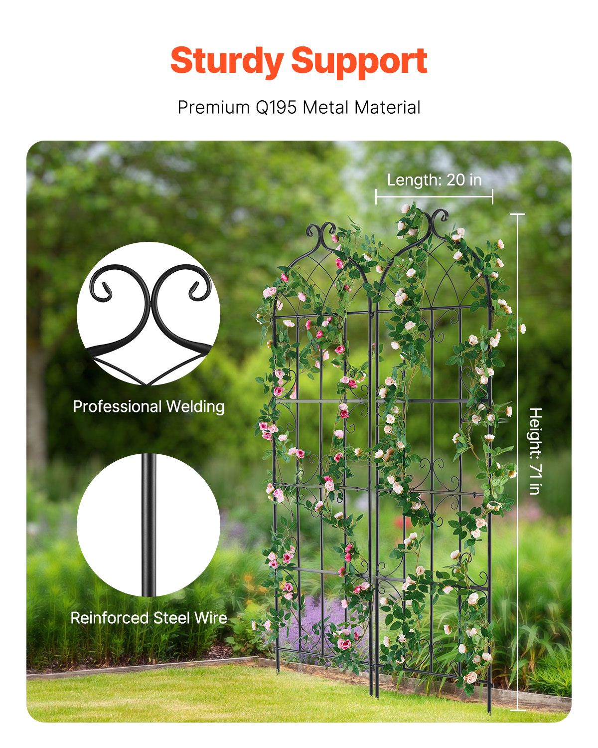 VEVOR 2 Packs Metal Garden Trellis for Climbing Plant Support 71x20 in Rustproof