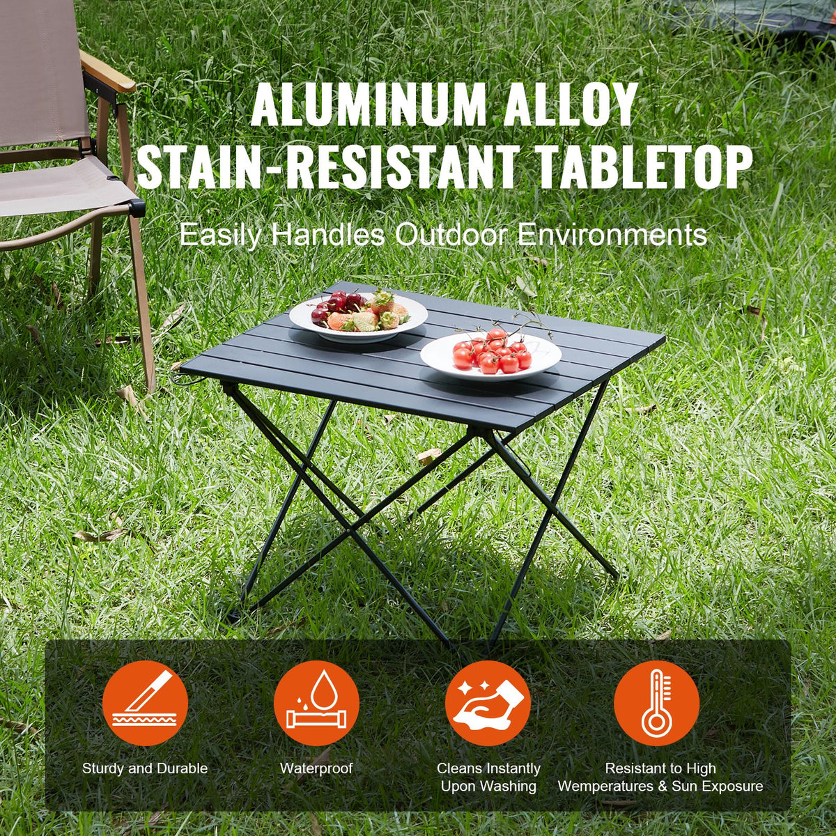 VEVOR Folding Camping Table, Outdoor Portable Side Tables, Lightweight Fold Up Table, Aluminum Alloy Ultra Compact Work Table with Carry Bag, For Cooking, Beach, Picnic, Travel, 22.2x15.9 inch, Black