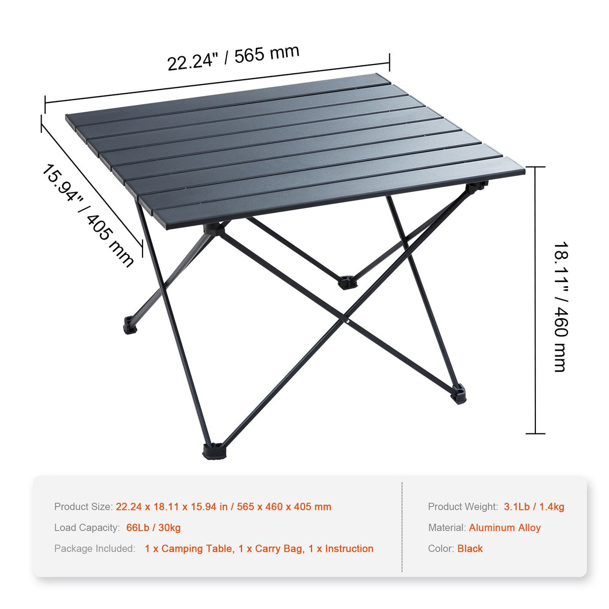 VEVOR Folding Camping Table, Outdoor Portable Side Tables, Lightweight Fold Up Table, Aluminum Alloy Ultra Compact Work Table with Carry Bag, For Cooking, Beach, Picnic, Travel, 22.2x15.9 inch, Black