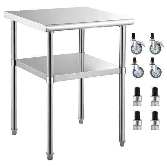 VEVOR Stainless Steel Prep Table, 61 x 61 x 91.4 cm, 600lbs Load Capacity Heavy Duty Metal Worktable with Adjustable Undershelf & Universal Wheels, Commercial Workstation for Kitchen Garage Backyard