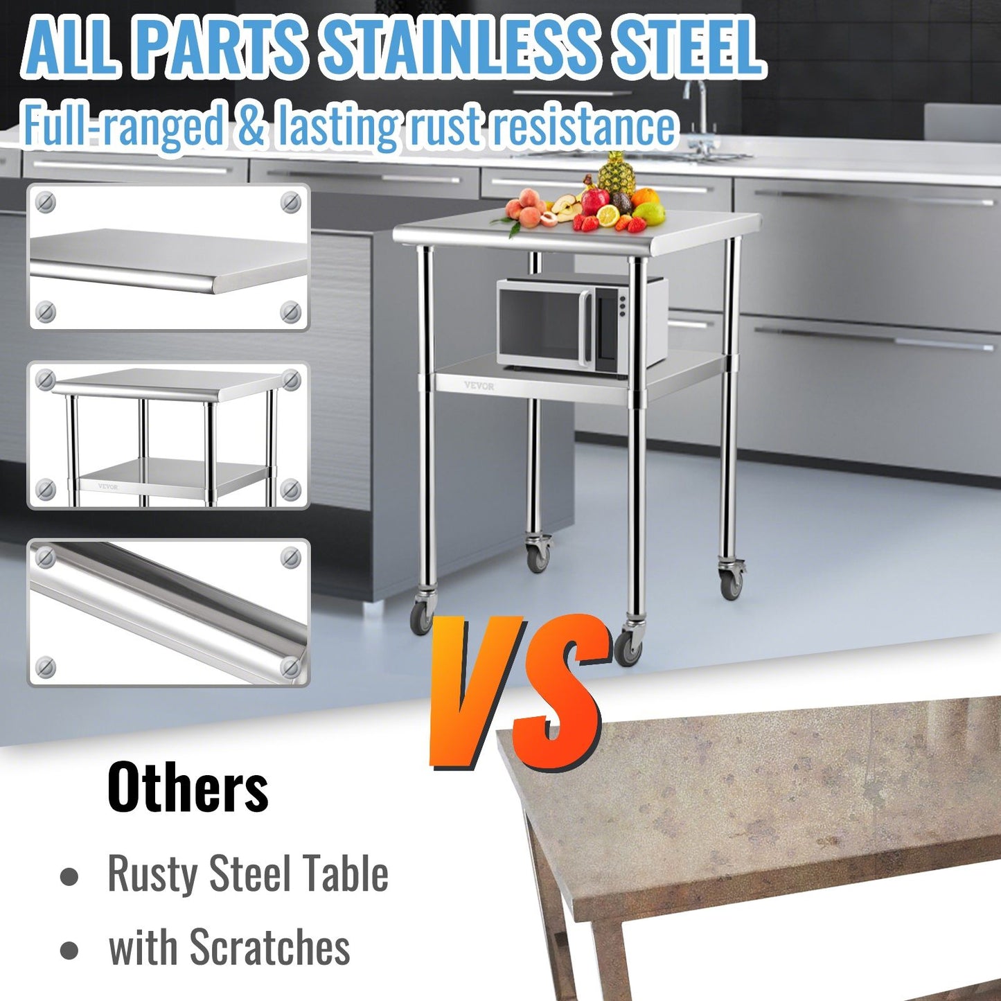 VEVOR Stainless Steel Prep Table, 61 x 61 x 91.4 cm, 600lbs Load Capacity Heavy Duty Metal Worktable with Adjustable Undershelf & Universal Wheels, Commercial Workstation for Kitchen Garage Backyard