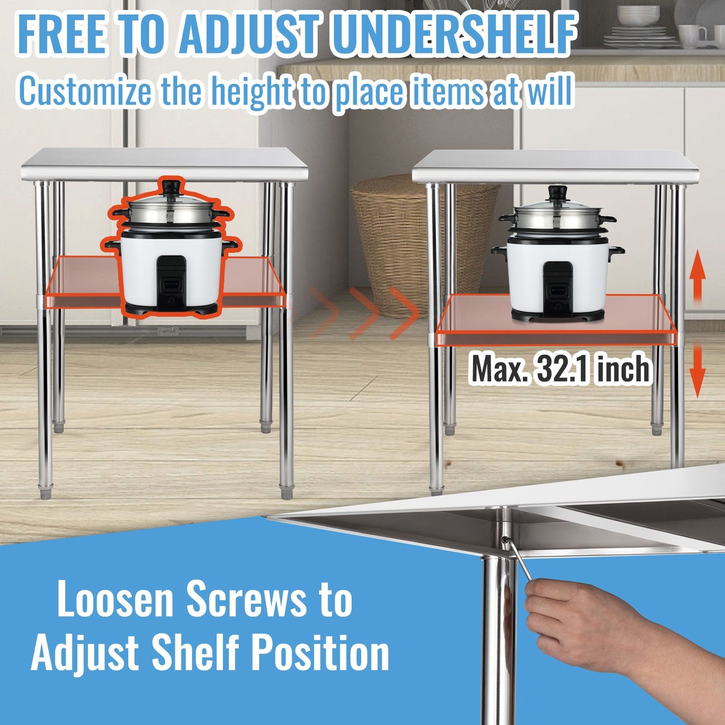 VEVOR Stainless Steel Prep Table, 61 x 61 x 91.4 cm, 600lbs Load Capacity Heavy Duty Metal Worktable with Adjustable Undershelf & Universal Wheels, Commercial Workstation for Kitchen Garage Backyard