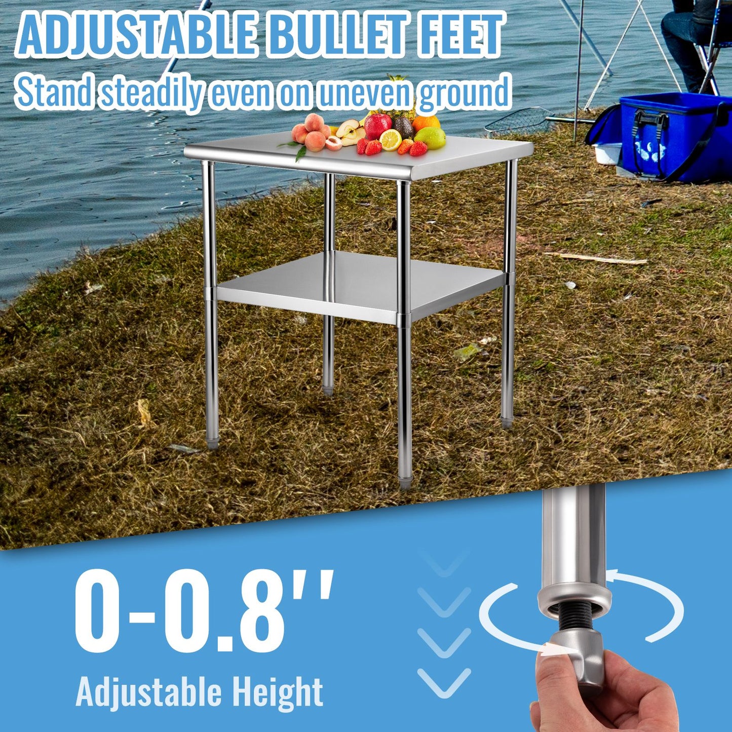 VEVOR Stainless Steel Prep Table, 61 x 61 x 91.4 cm, 600lbs Load Capacity Heavy Duty Metal Worktable with Adjustable Undershelf & Universal Wheels, Commercial Workstation for Kitchen Garage Backyard