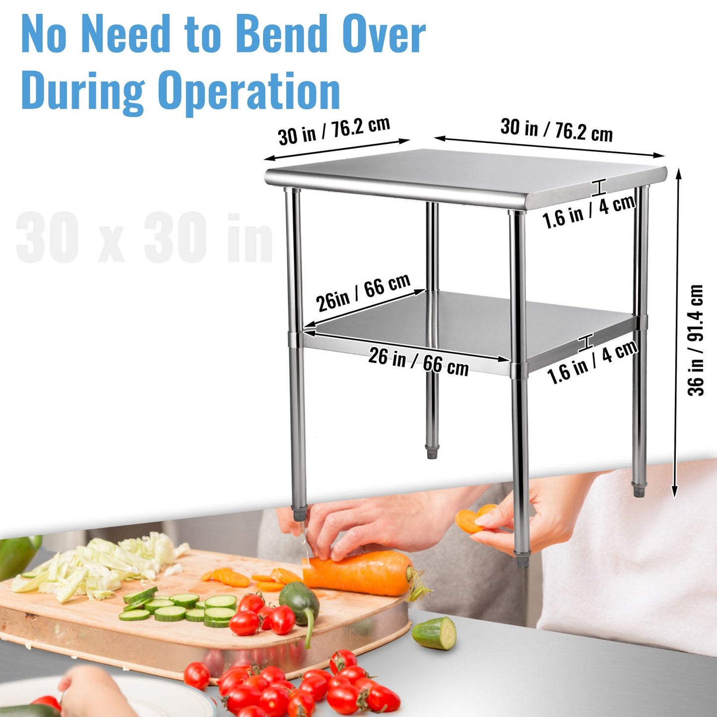 VEVOR Stainless Steel Prep Table, 61 x 61 x 91.4 cm, 600lbs Load Capacity Heavy Duty Metal Worktable with Adjustable Undershelf & Universal Wheels, Commercial Workstation for Kitchen Garage Backyard
