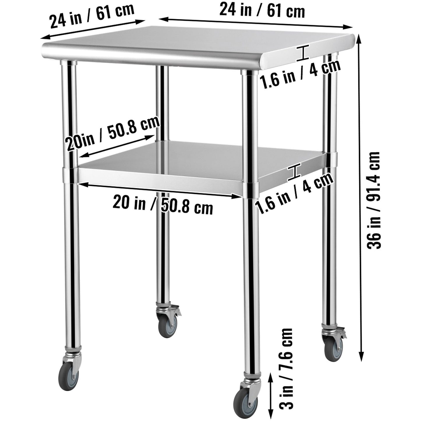 VEVOR Stainless Steel Prep Table, 61 x 61 x 91.4 cm, 600lbs Load Capacity Heavy Duty Metal Worktable with Adjustable Undershelf & Universal Wheels, Commercial Workstation for Kitchen Garage Backyard