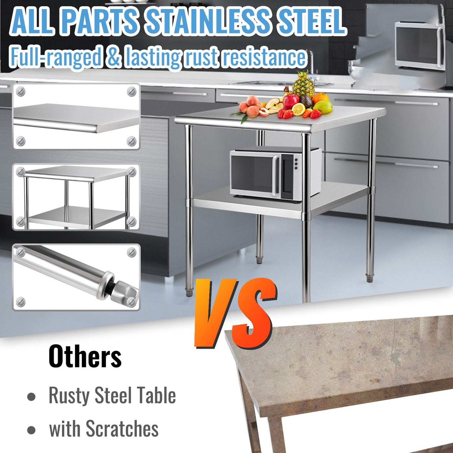 VEVOR Stainless Steel Work Prep Table Commercial Food Prep Table 30x30x36in