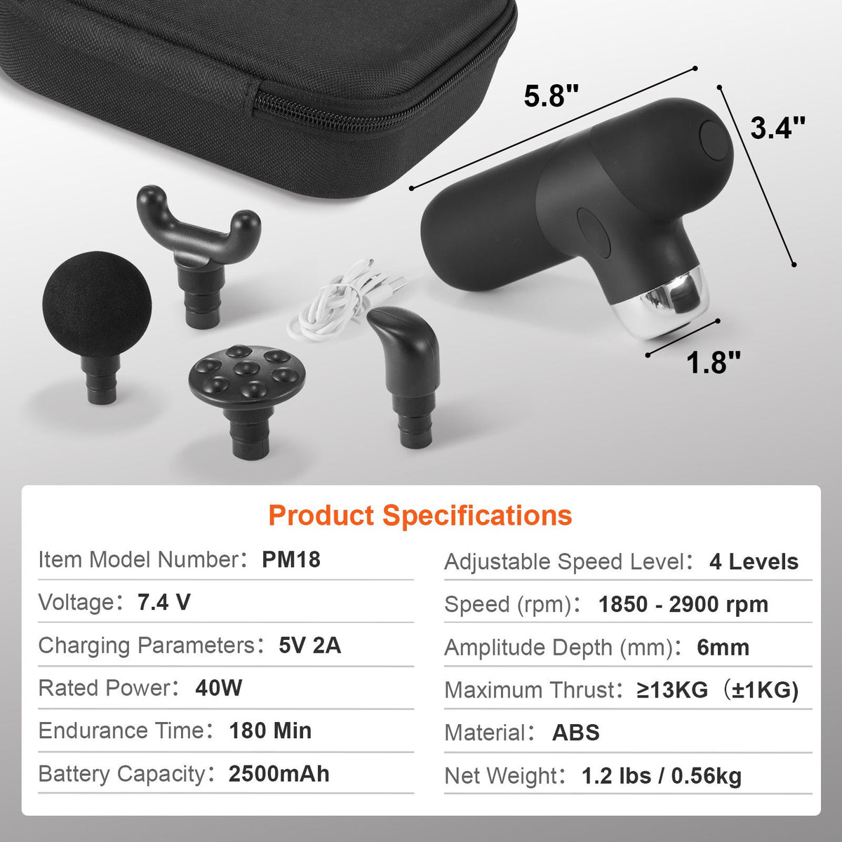 VEVOR Massage Gun Deep Tissue, Percussion Muscle Massager for Athletes - with 4 Speed Levels & 4 Massage Heads, 7.4V 2500mAh Batteries, Handheld Mini Massage Gun for Pain Relief, Muscle Relaxation