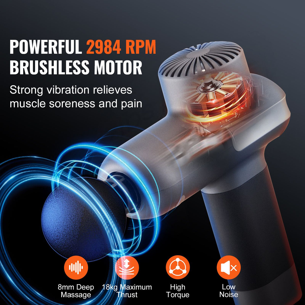 VEVOR Massage Gun Deep Tissue, Percussion Muscle Massager for Athletes - with 5 Speed Levels & 6 Massage Heads, 7.4V 2500mAh Batteries, Handheld Electric Massage Gun for Pain Relief, Muscle Relaxation