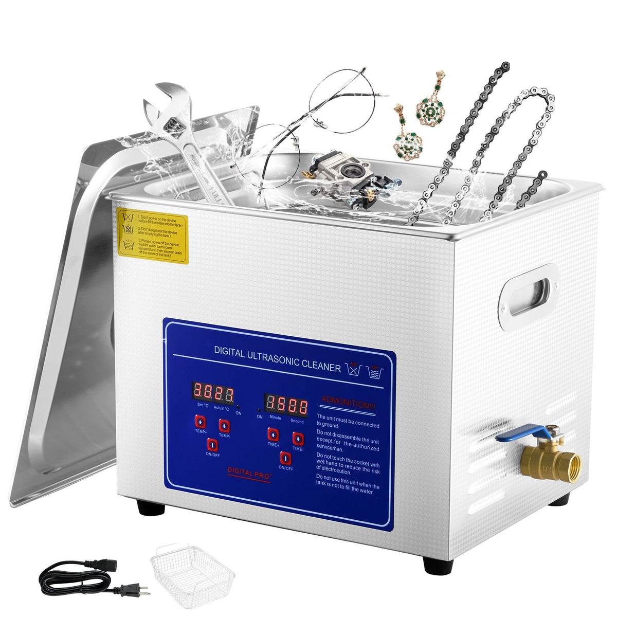 VEVOR Ultrasonic Cleaner 10L Jewelry Cleaning with Digital Timer Ultrasonic Cleaning Machine for Jewellery Rings Watches Eyeglasses Dentures Coins Metal Parts Commercial and Home Use Silver