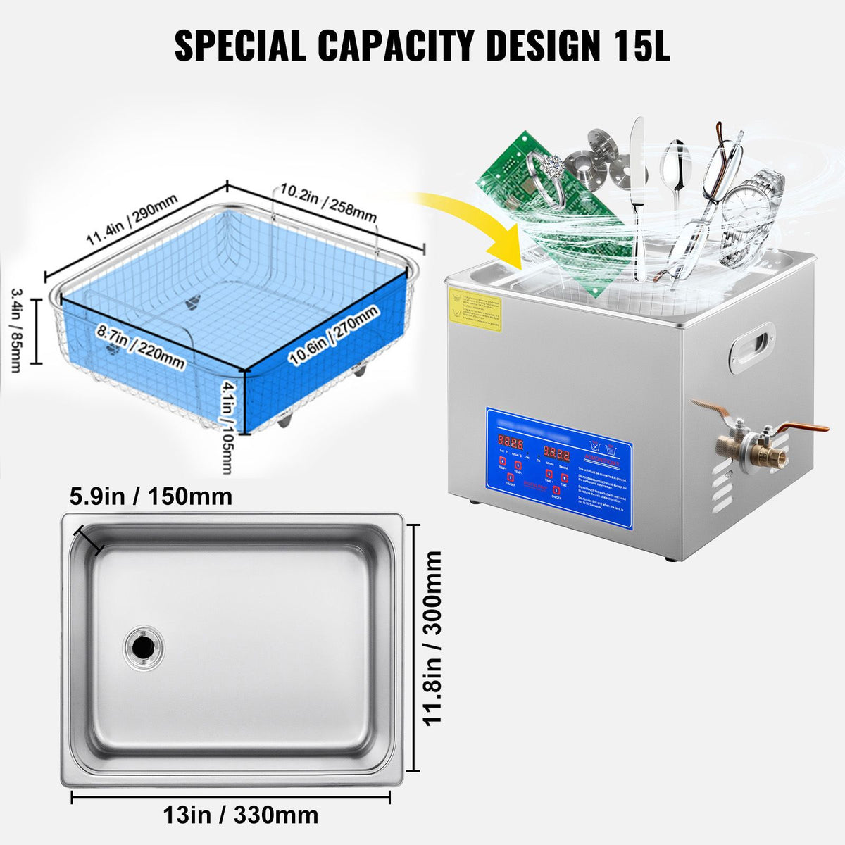 Vevor Powerful Stainless Steel 13.5-15 L Liters Ultrasonic Cleaner 360W Digital Heater Timer