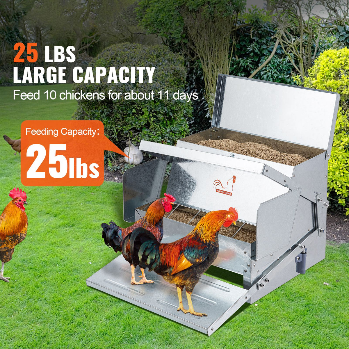 VEVOR Automatic Chicken Feeder Galvanized Steel Poultry Feeder 25 lb 10 Chickens