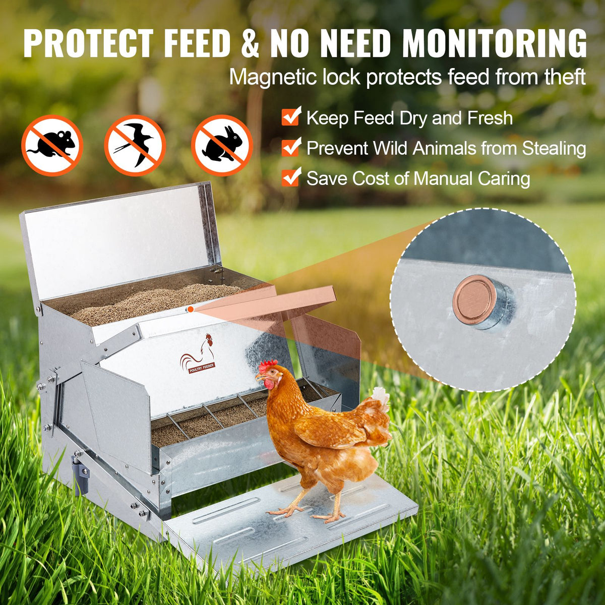 VEVOR Automatic Chicken Feeder Galvanized Steel Poultry Feeder 25 lb 10 Chickens