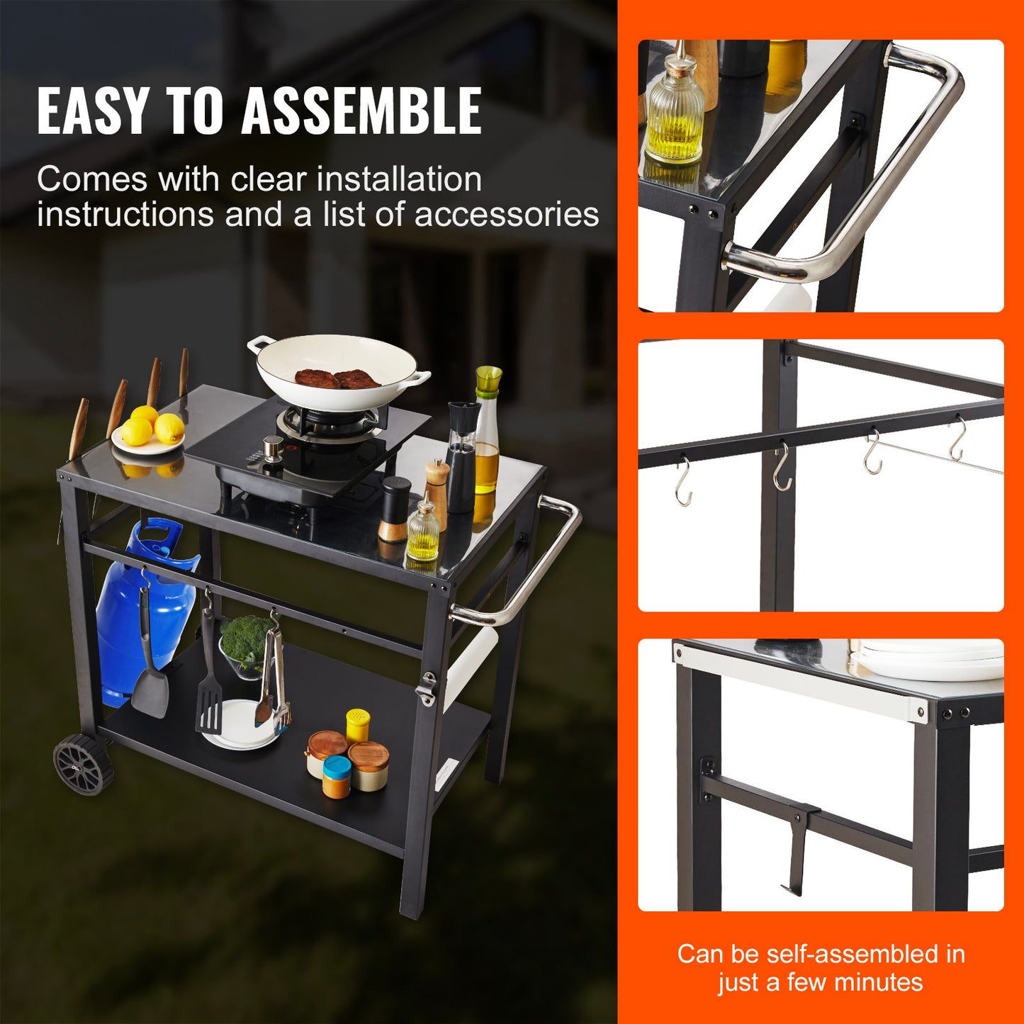 VEVOR Outdoor Grill Dining Cart with Double-Shelf,  85*55cm BBQ Movable Food Prep Table, Multifunctional Iron Table Top, Portable Modular Carts for Pizza Oven, Worktable with 2 Wheels, Carry Handle, Black