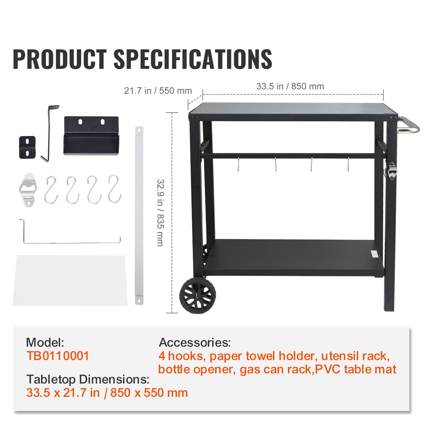 VEVOR Outdoor Grill Dining Cart with Double-Shelf,  85*55cm BBQ Movable Food Prep Table, Multifunctional Iron Table Top, Portable Modular Carts for Pizza Oven, Worktable with 2 Wheels, Carry Handle, Black