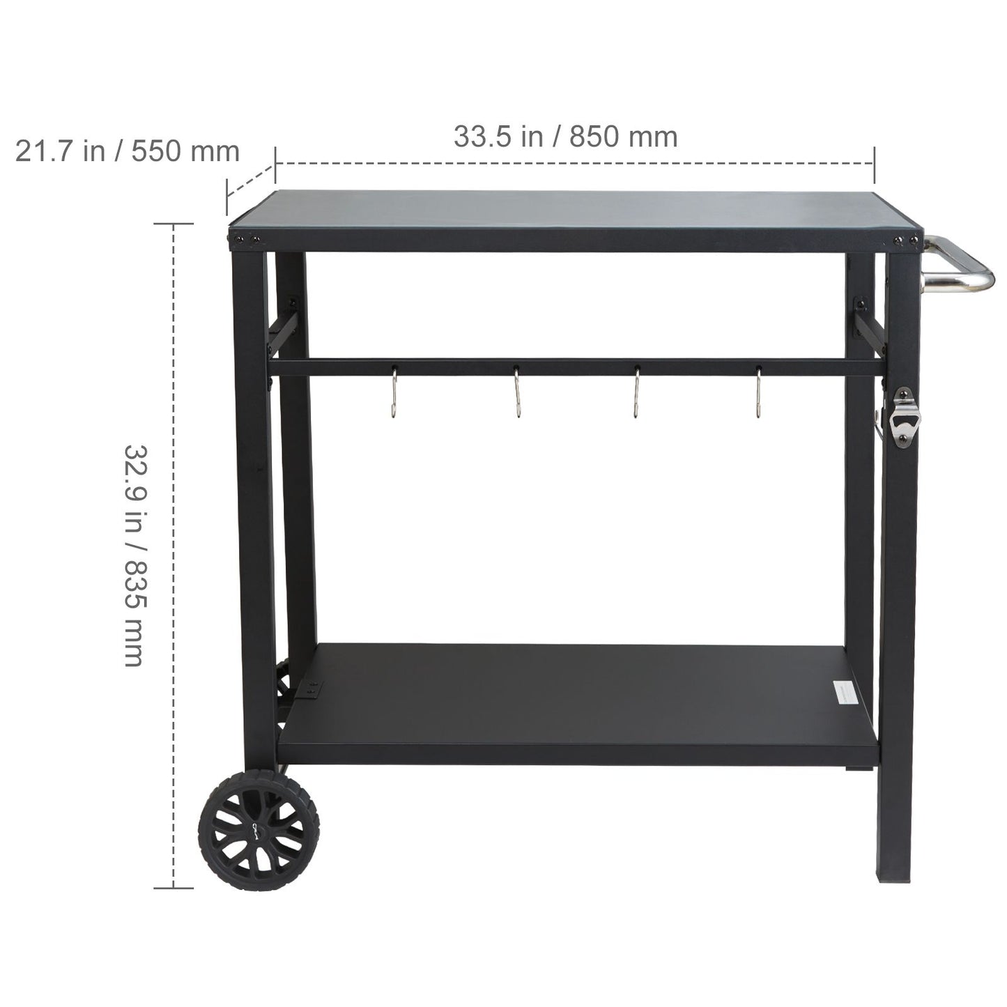 VEVOR Outdoor Grill Dining Cart with Double-Shelf,  85*55cm BBQ Movable Food Prep Table, Multifunctional Iron Table Top, Portable Modular Carts for Pizza Oven, Worktable with 2 Wheels, Carry Handle, Black
