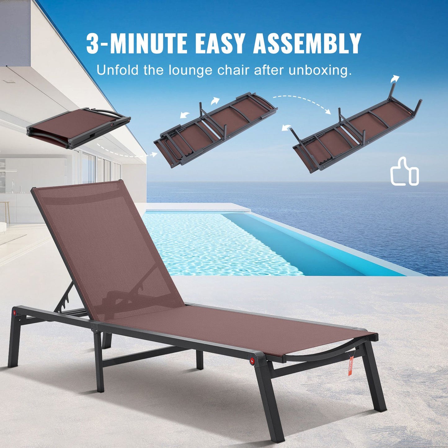 VEVOR Chaise Lounge Chair Outdoor Patio Lounge Chair Adjustable 5-Position 2 pcs