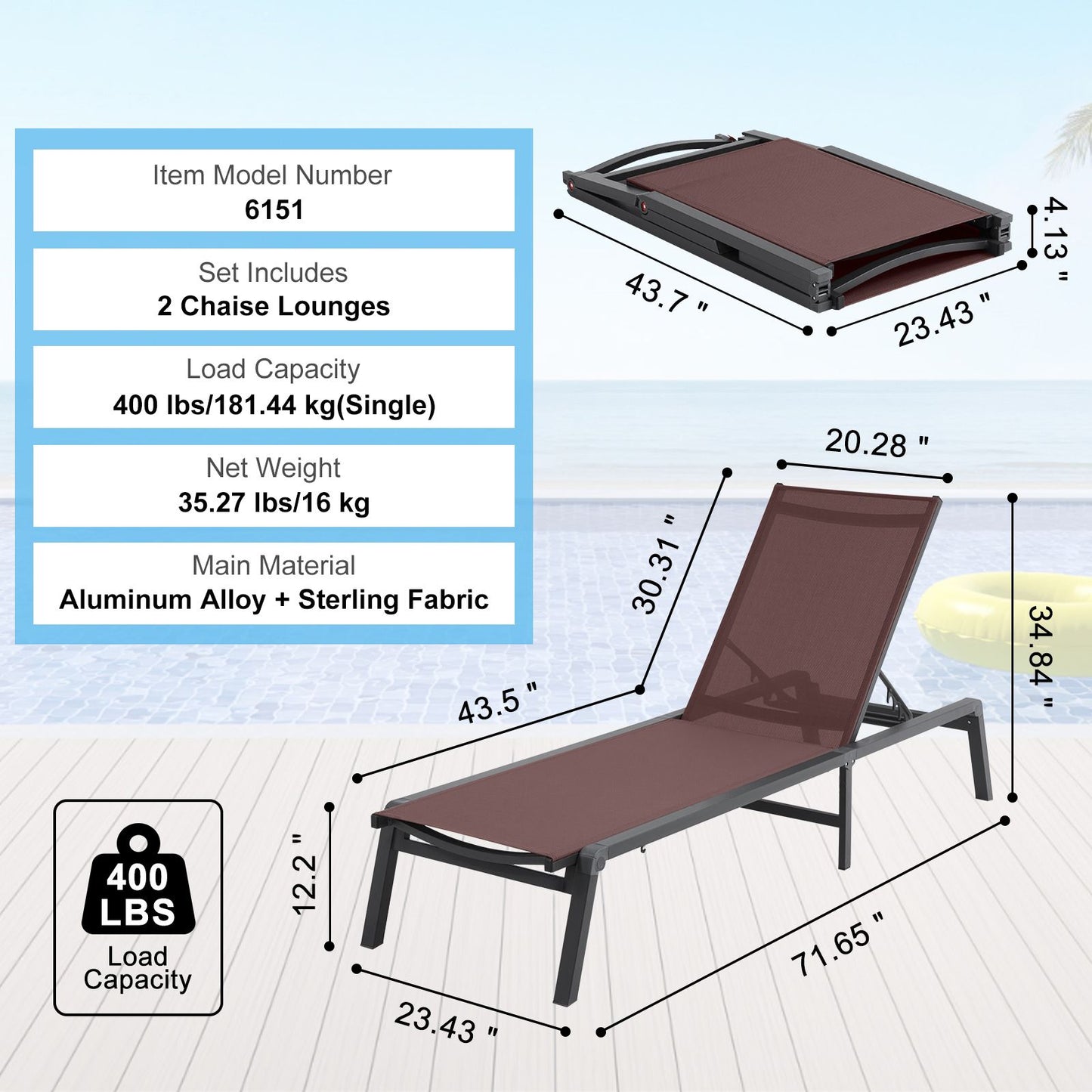 VEVOR Chaise Lounge Chair Outdoor Patio Lounge Chair Adjustable 5-Position 2 pcs
