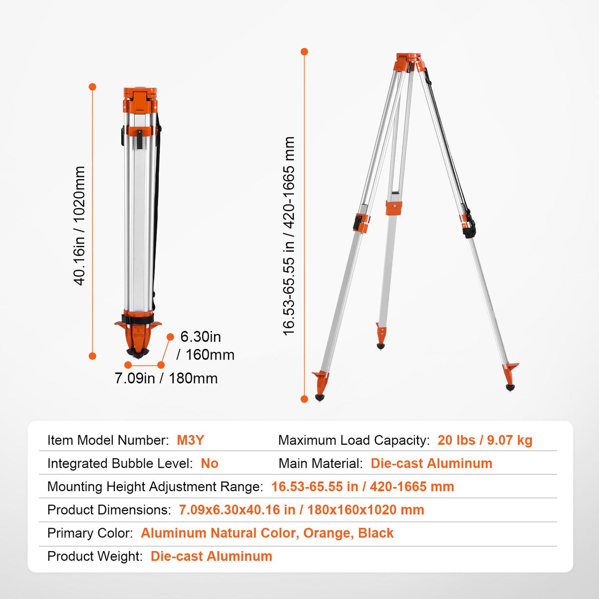 Laser Level Tripod Stand 5/8"-11 Thread 16.53-65.55 in Height Adjustment