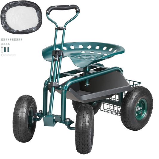 VEVOR Garden Cart Rolling Workseat with Wheels, Gardening Stool for Planting, 360 Degree Swivel Seat, Wagon Scooter with Steering Handle & Utility Tool Tray, Use for Patio, Yard, and Outdoors, Green