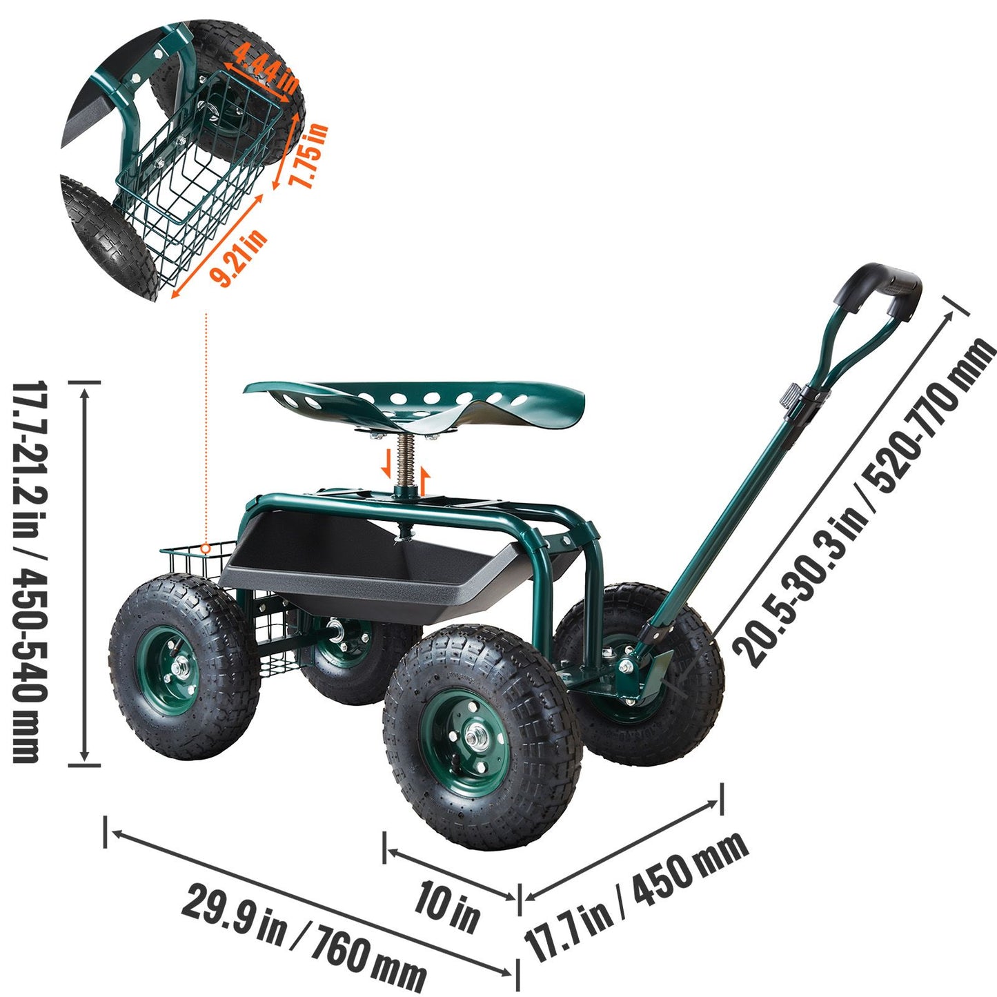 VEVOR Garden Cart Rolling Workseat with Wheels, Gardening Stool for Planting, 360 Degree Swivel Seat, Wagon Scooter with Steering Handle & Utility Tool Tray, Use for Patio, Yard, and Outdoors, Green