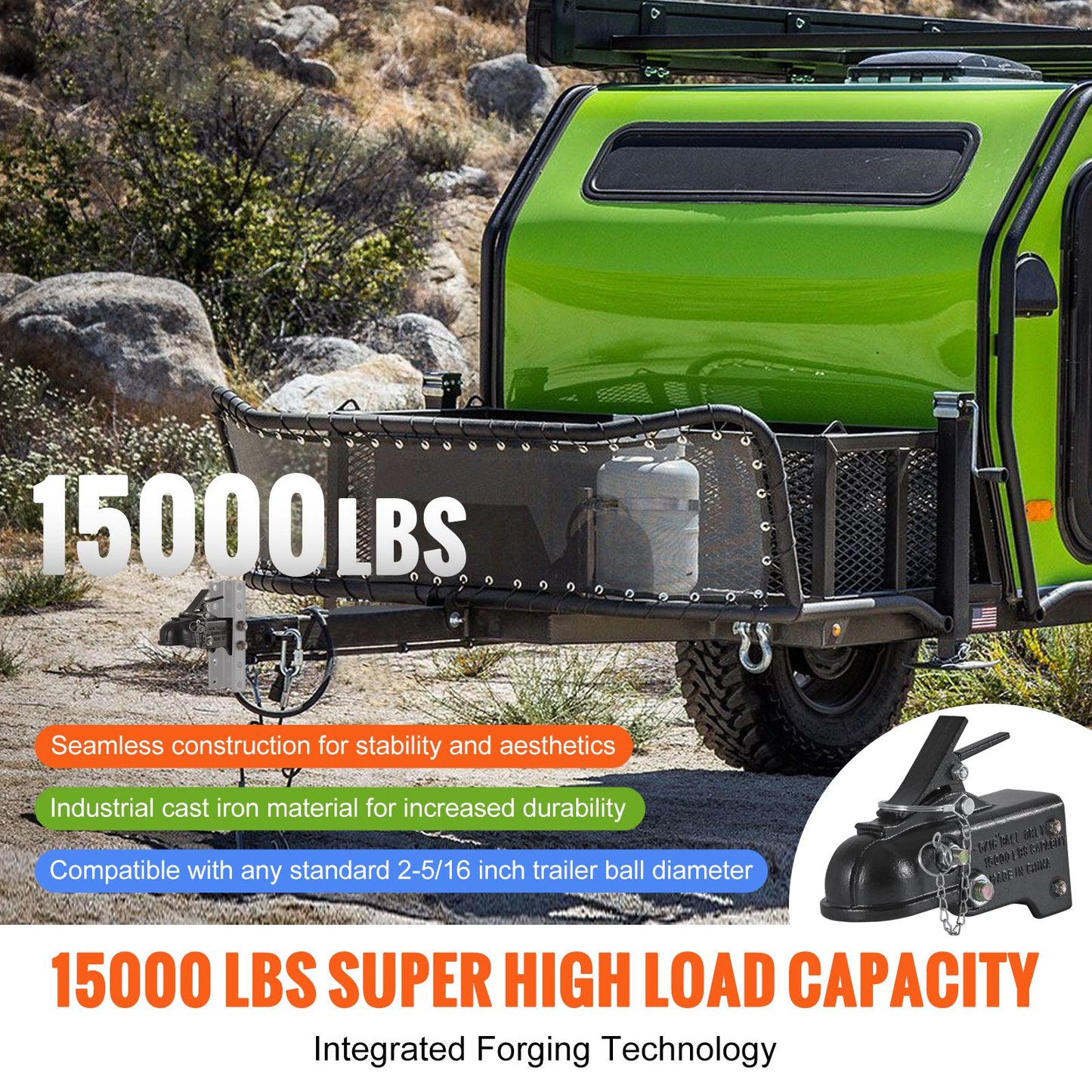 VEVOR Adjustable Trailer Coupler, 2-5/16" Hitch Ball, 15000 lbs Capacity, Heavy Duty Cast Channel-Mount Coupler with Hardware Kit, Ideal for Towing Station Wagons, Pickup Trucks, SUVs, Black Coating