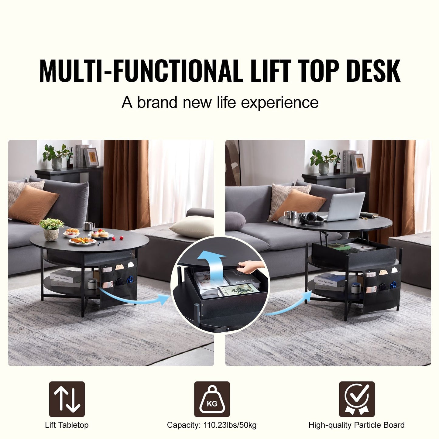 VEVOR Lift Top Coffee Table 35.3" Round Coffee Table for Living Room Black