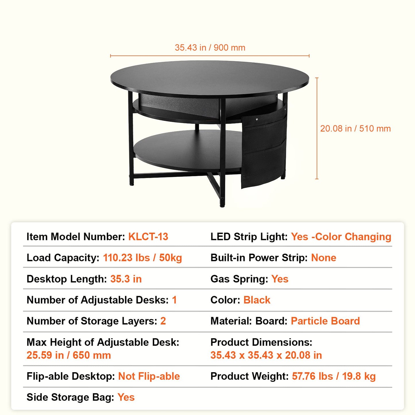 VEVOR Lift Top Coffee Table 35.3" Round Coffee Table for Living Room Black