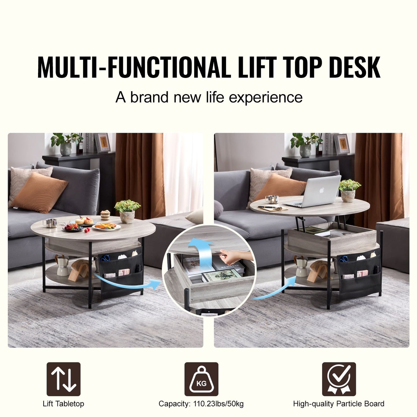 VEVOR Lift Top Coffee Table 35.3" Round Coffee Table for Living Room White