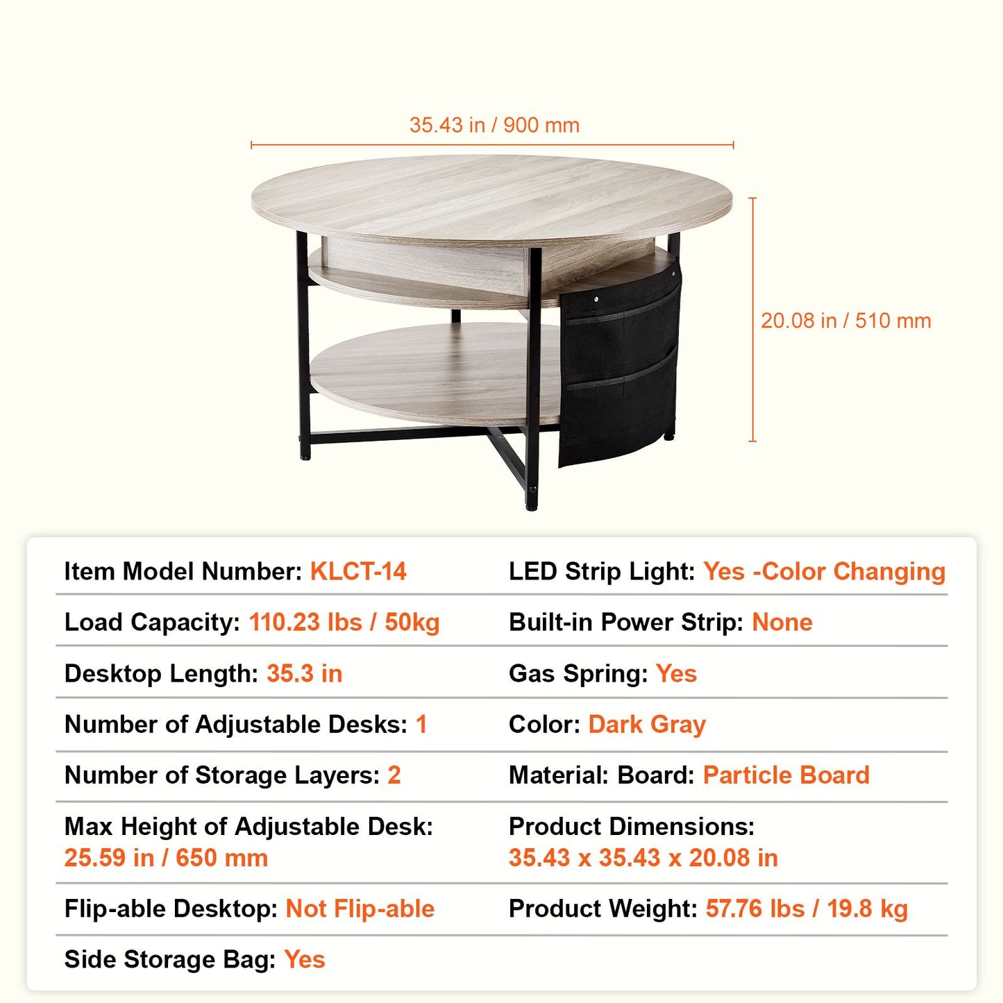 VEVOR Lift Top Coffee Table 35.3" Round Coffee Table for Living Room White