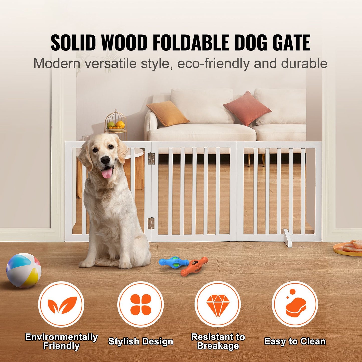 VEVOR Free Standing Dog Gate, 24" H x 60" W Freestanding Pet Gate, 3 Panels Foldable Dog Gate for Wide and Narrow Passageways, Expandable Dog Barrier with Silent Foot Support for Indoor, White