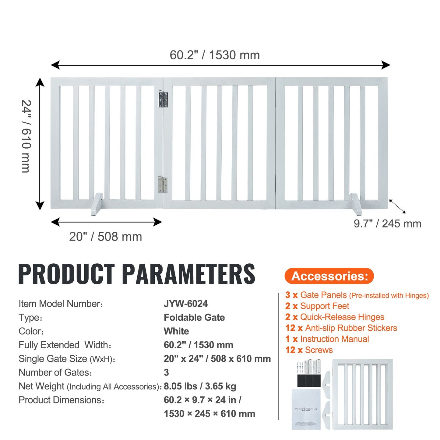 VEVOR Free Standing Dog Gate, 24" H x 60" W Freestanding Pet Gate, 3 Panels Foldable Dog Gate for Wide and Narrow Passageways, Expandable Dog Barrier with Silent Foot Support for Indoor, White