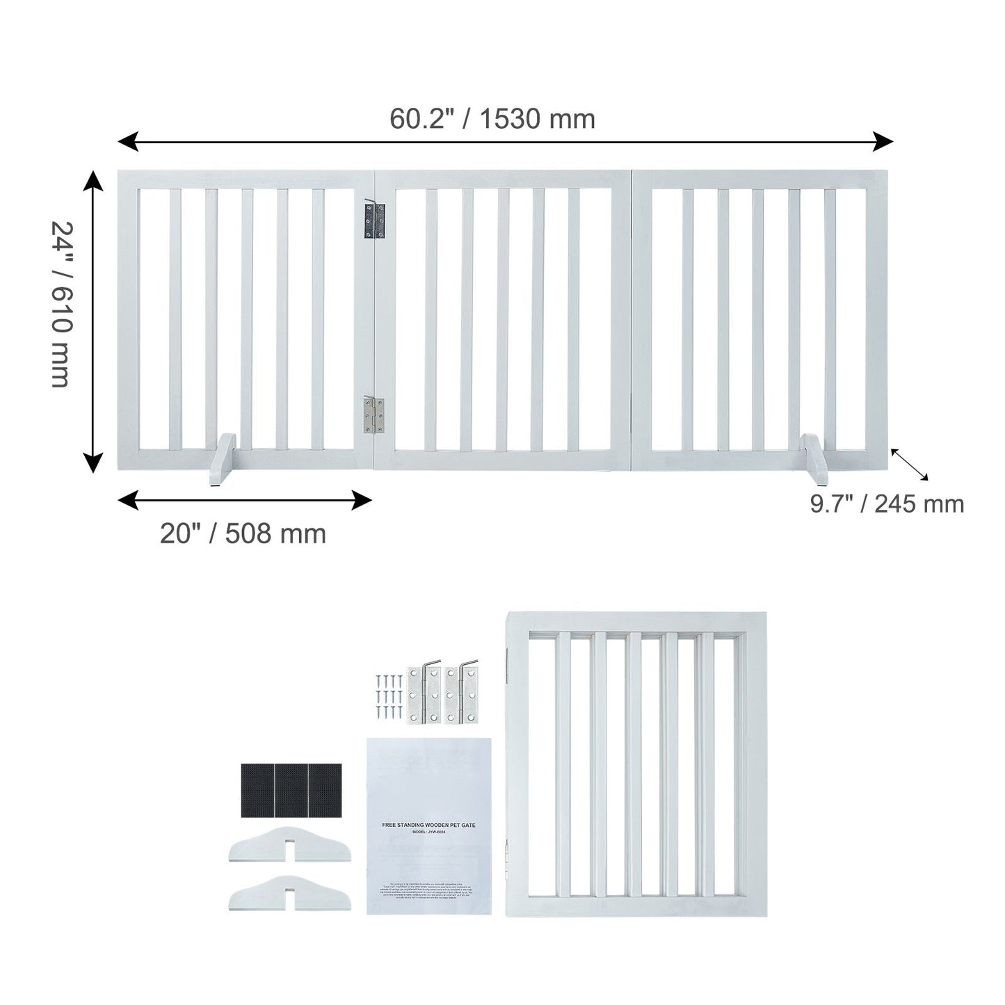 VEVOR Free Standing Dog Gate, 24" H x 60" W Freestanding Pet Gate, 3 Panels Foldable Dog Gate for Wide and Narrow Passageways, Expandable Dog Barrier with Silent Foot Support for Indoor, White