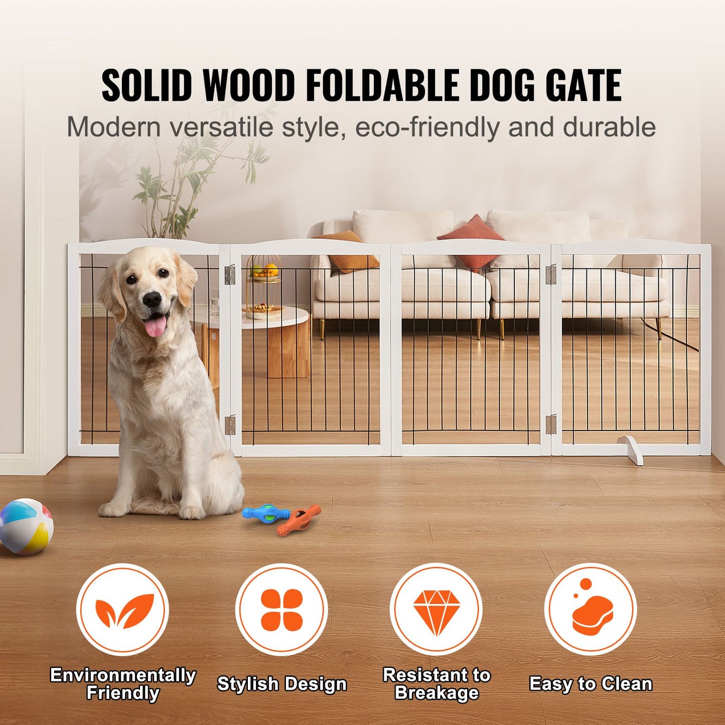 VEVOR Free Standing Dog Gate, 32" H x 96.5" W Freestanding Pet Gate, 4 Panels Foldable Dog Gate for Wide and Narrow Passageways, Expandable Dog Barrier with Silent Foot Support for Indoor, White