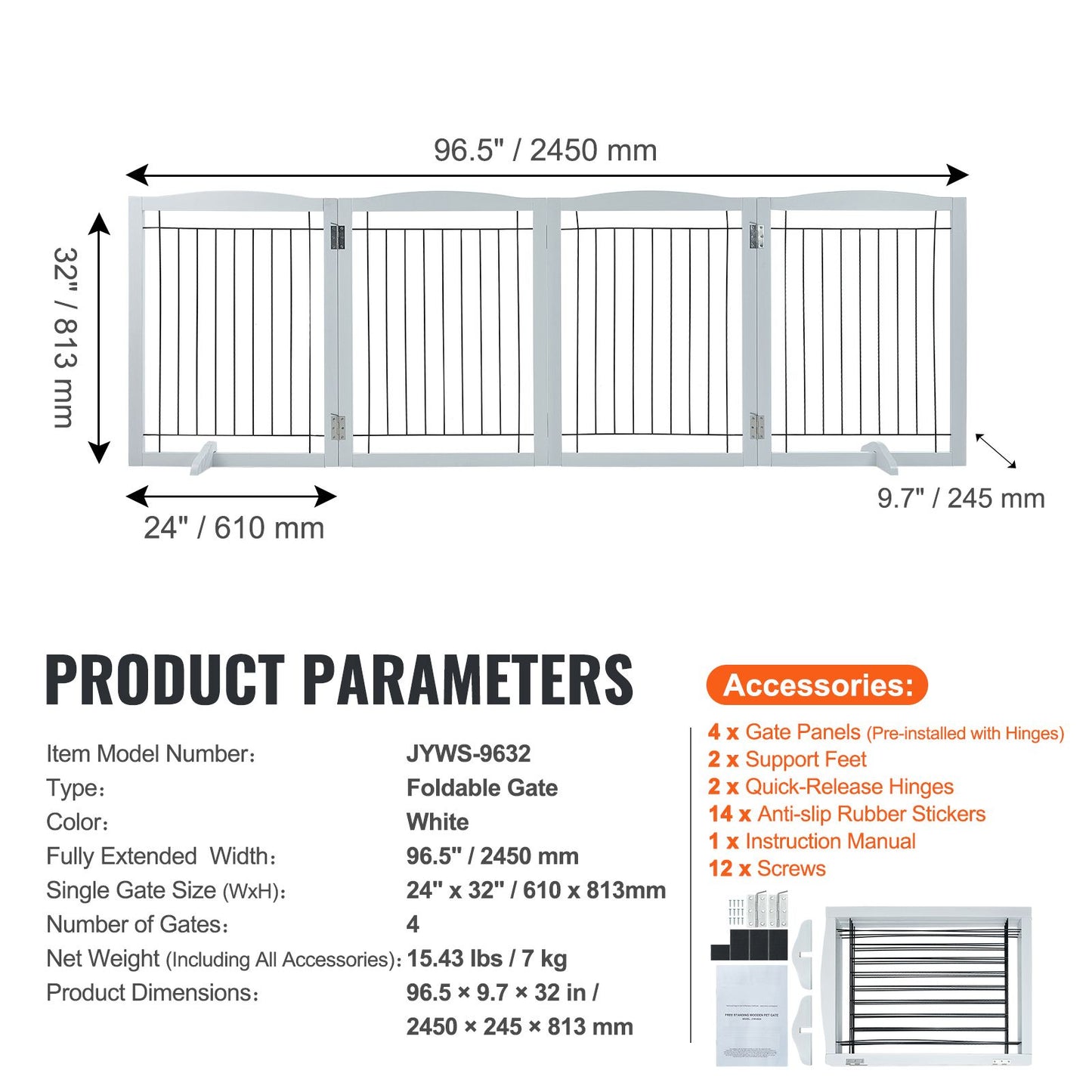 VEVOR Free Standing Dog Gate, 32" H x 96.5" W Freestanding Pet Gate, 4 Panels Foldable Dog Gate for Wide and Narrow Passageways, Expandable Dog Barrier with Silent Foot Support for Indoor, White