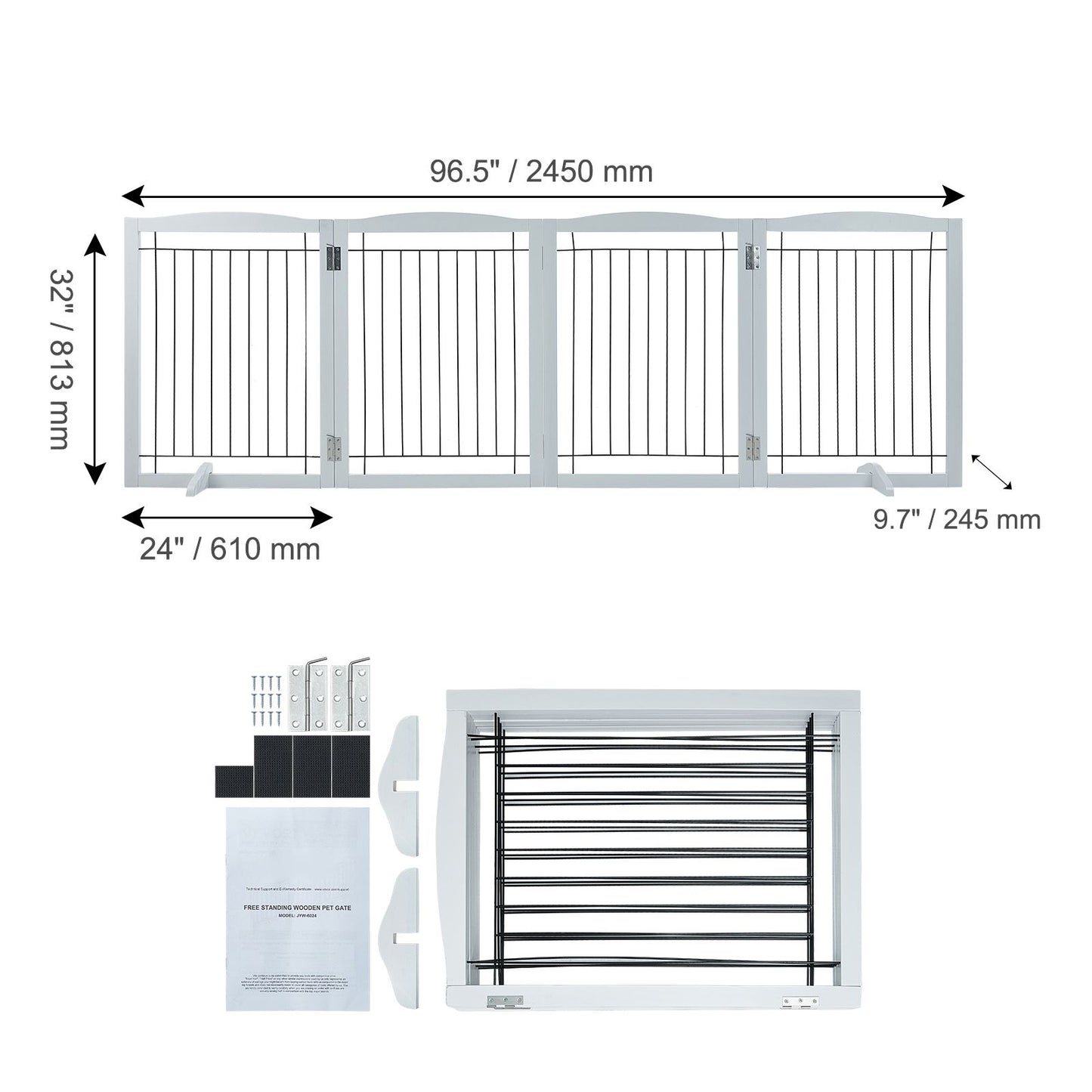 VEVOR Free Standing Dog Gate, 32" H x 96.5" W Freestanding Pet Gate, 4 Panels Foldable Dog Gate for Wide and Narrow Passageways, Expandable Dog Barrier with Silent Foot Support for Indoor, White