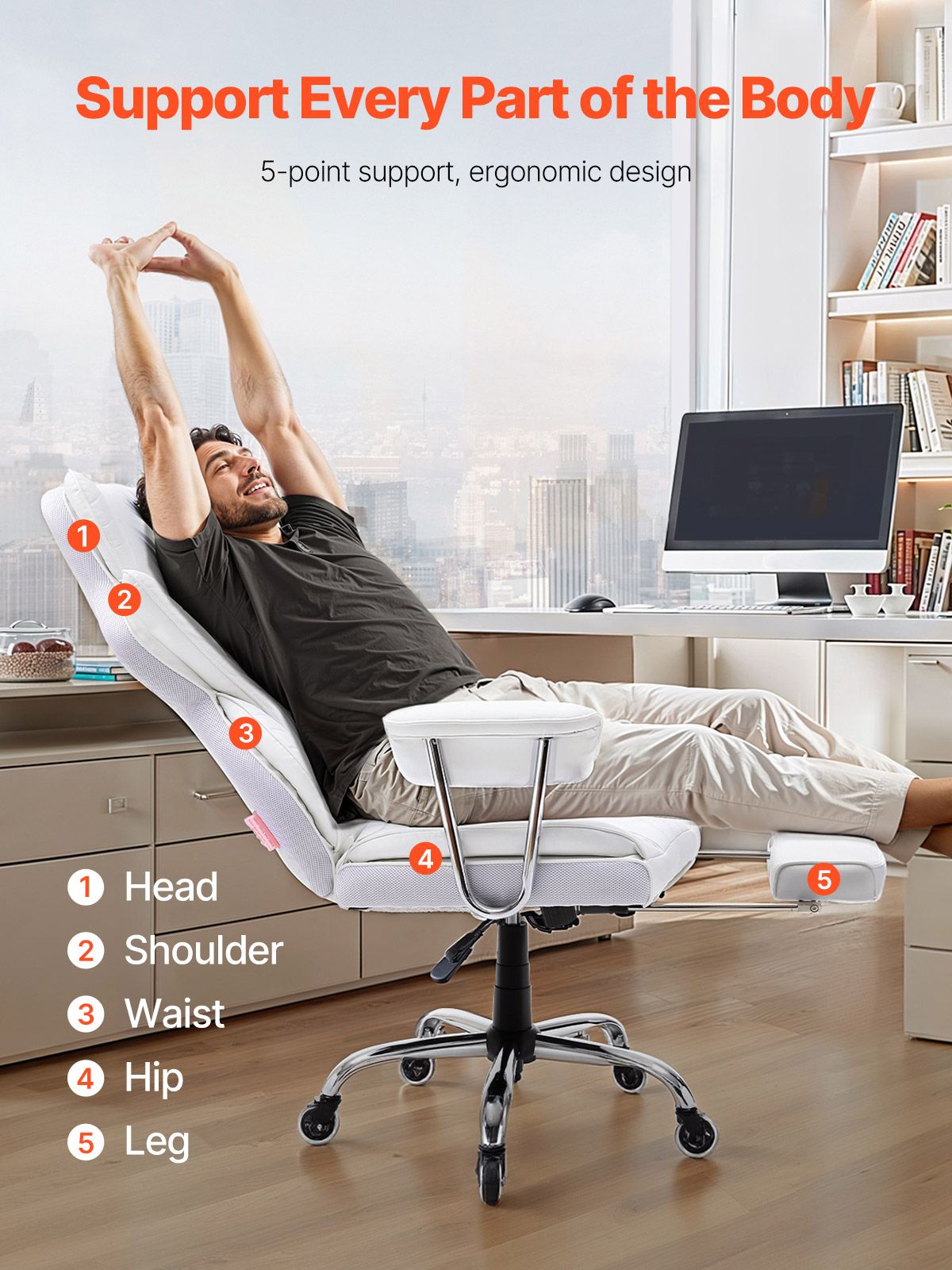 VEVOR Reclining Office Chair with Footrest, Heavy Duty PU Leather Wide Office Chair, Big and Tall Executive Office Chairs with Lumbar Support, Strong Metal Base Quiet Wheels, White