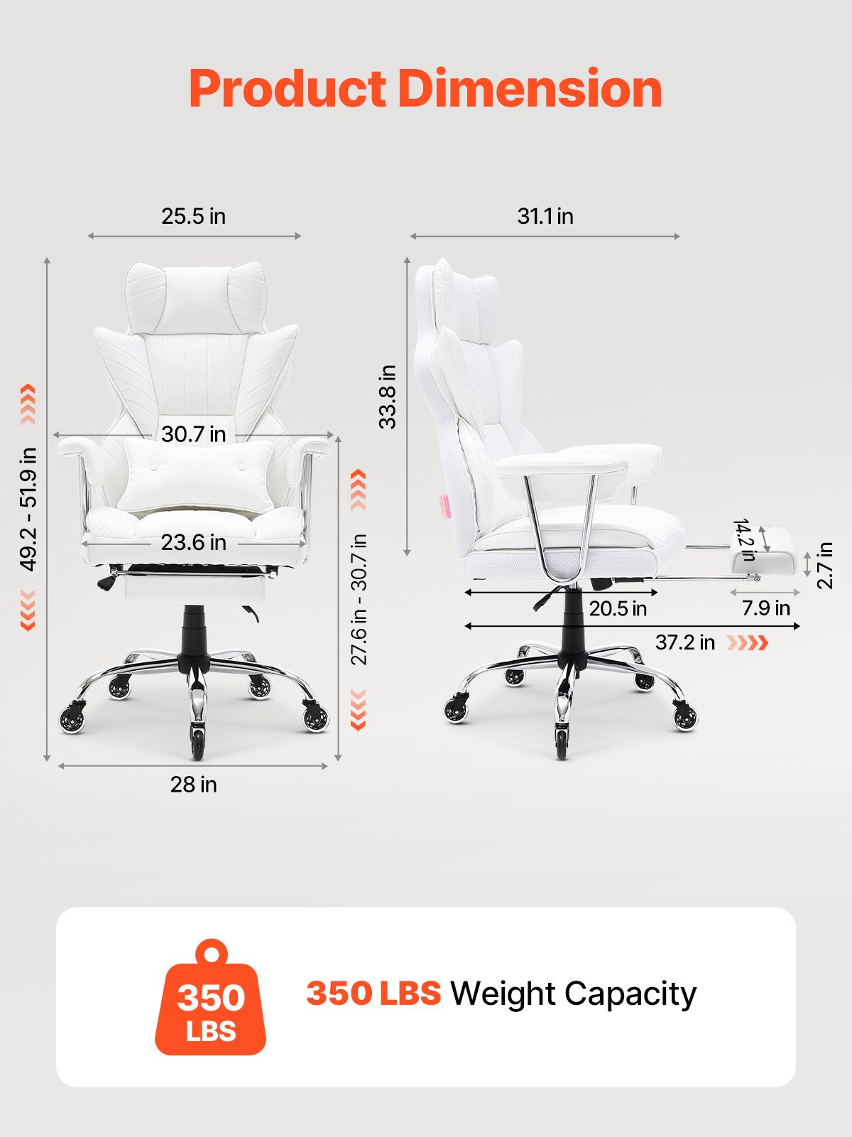 VEVOR Reclining Office Chair with Footrest, Heavy Duty PU Leather Wide Office Chair, Big and Tall Executive Office Chairs with Lumbar Support, Strong Metal Base Quiet Wheels, White